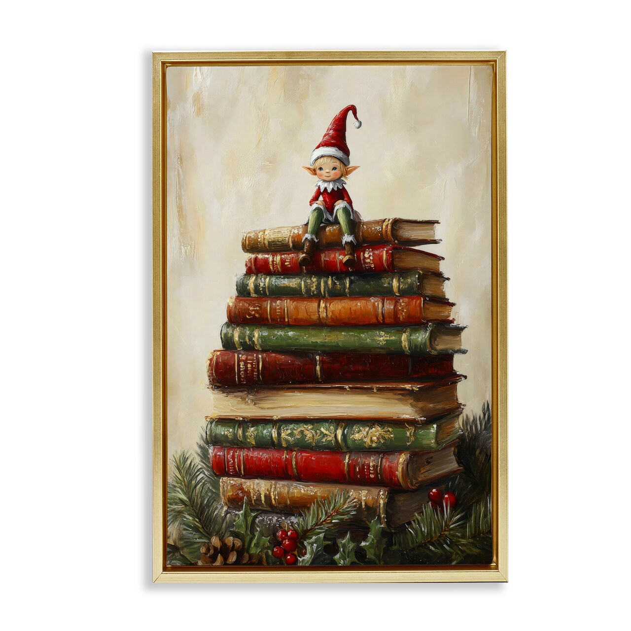 Stupell Industries Christmas Elf Bookstack Floating Frame, design by Petal Prints Design